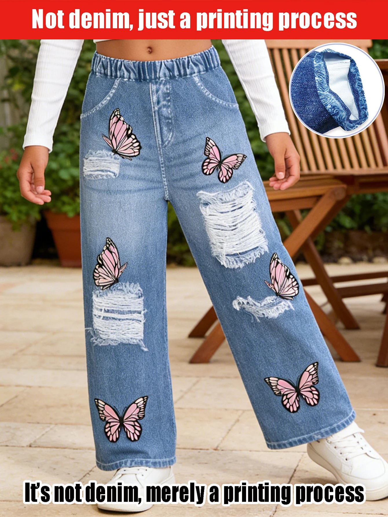 2026 children's butterfly printing + ripped simulation jeans, children's fashion casual trousers