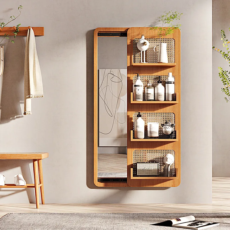 مرآة تخزين كاملة الجسم من الخشب الصلب، مرآة مكياج بسيطة، مرآة كاملة الطول لغرفة النوم الاسكندنافية، متعددة الوظائف، جدار إبداعي مخفي