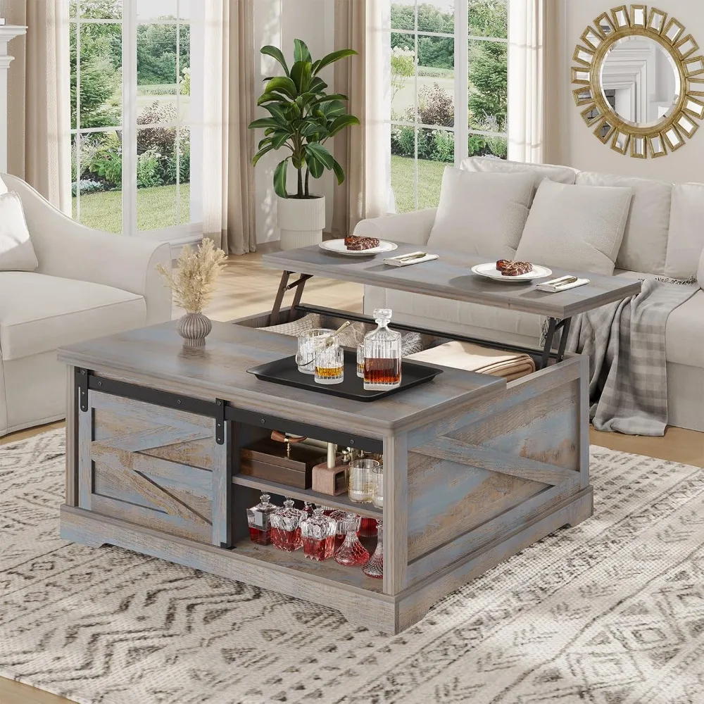 Meja Kopi Lipat 39,4'' dengan Penyimpanan, Meja Kopi Gaya Farmhouse untuk Ruang Tamu, Meja Kopi Persegi dengan Penyimpanan Besar