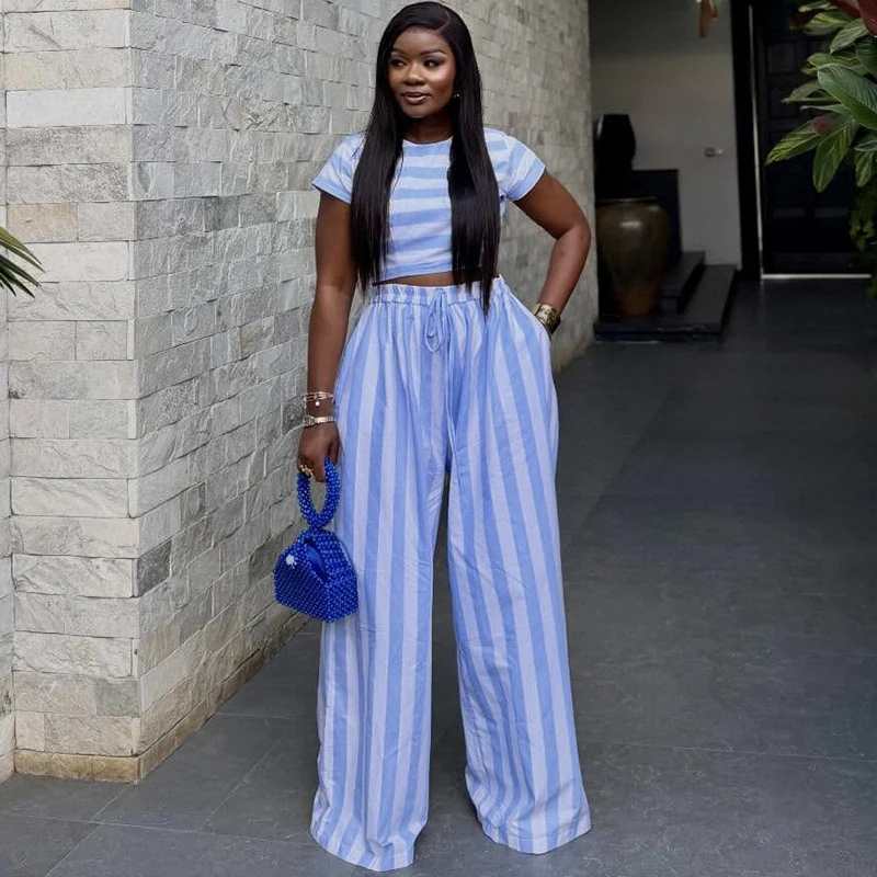 New African Fashion Women Two Piece Set Striped Printed Slim Crop Top And Loose Wide Leg Pants Set