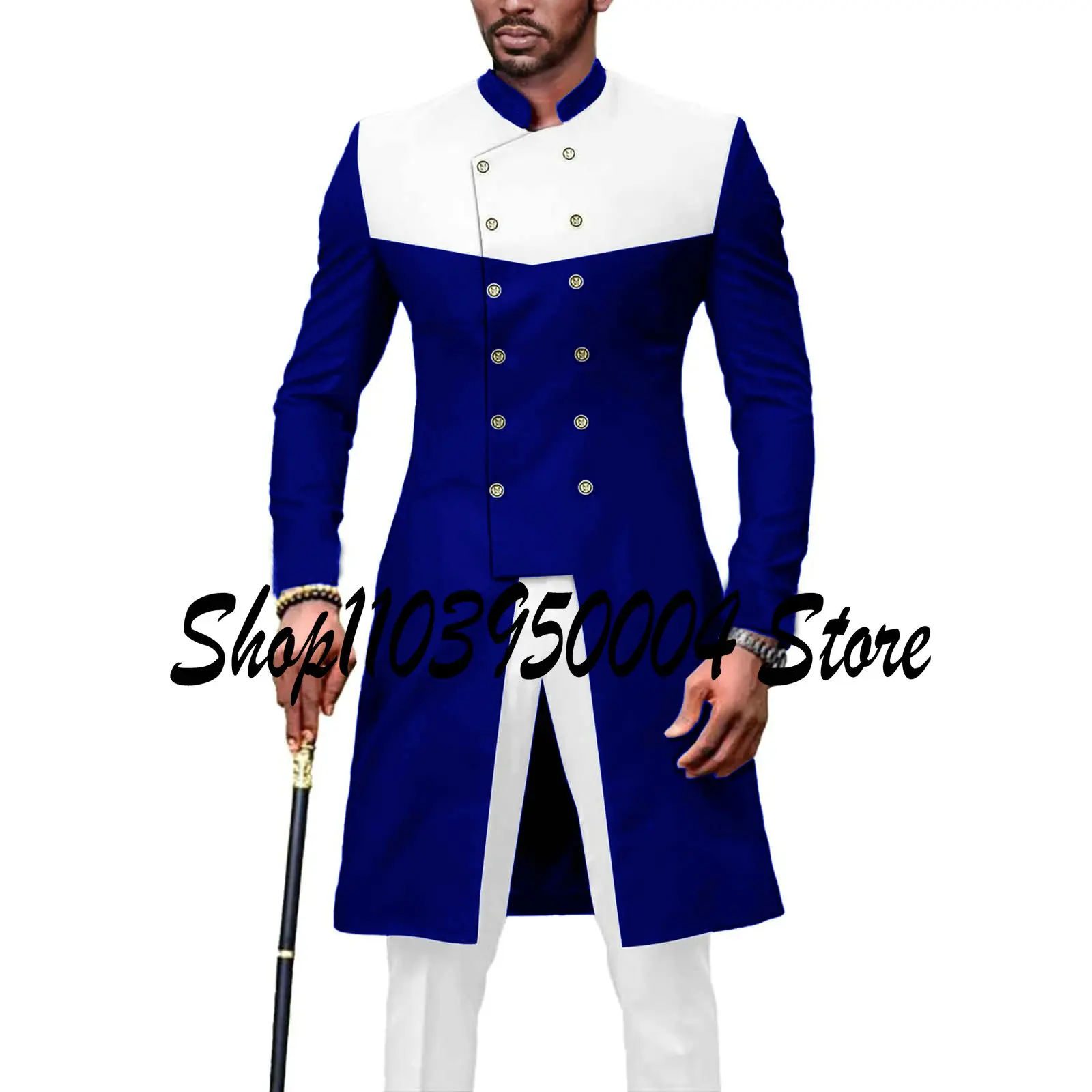 African Style Royal Blue Suit for Men Double Breasted Long Jacket Pants 2 Piece Set Wedding Tuxedo Formal Elegant Men\'s Suit