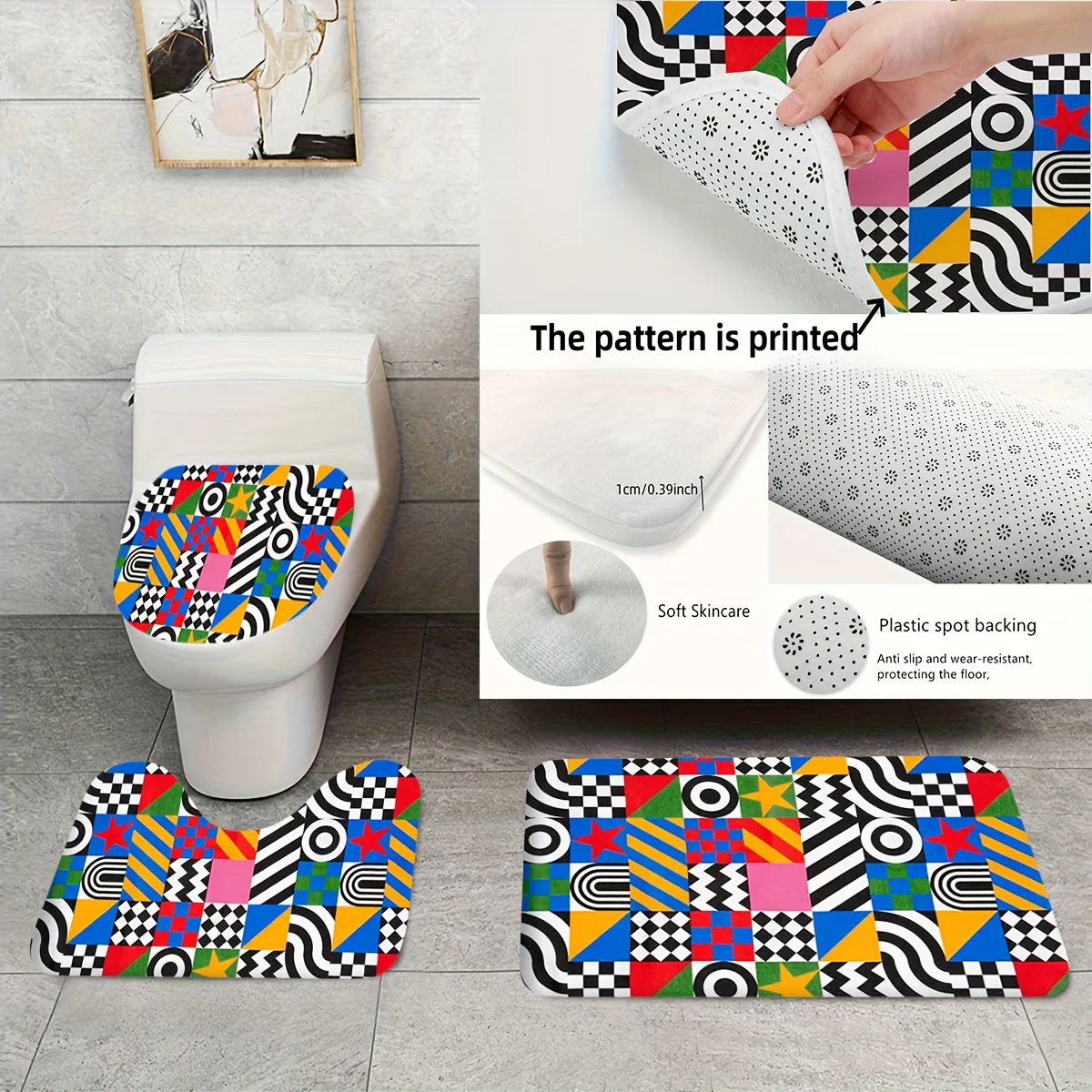 

Thanksgiving Decoration, 3pcs Modern Style Various Color Abstract Pattern Bathroom Mat Rug Set, Toilet Seat Mat, U-Shaped Mat