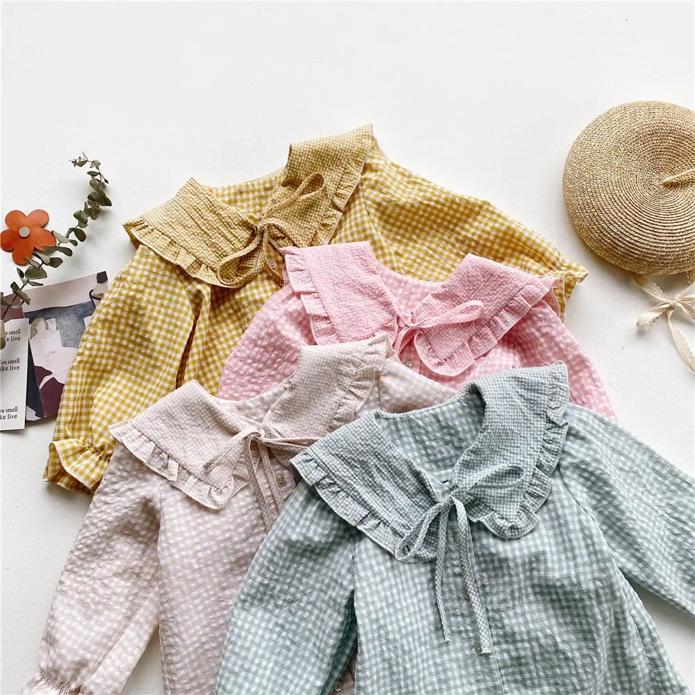 Blouses Dress Korean Childrens Clothing Long Sleeve Shirt 2024 Turn Down Collar Fashion Versatile Sweet Lattice Causal