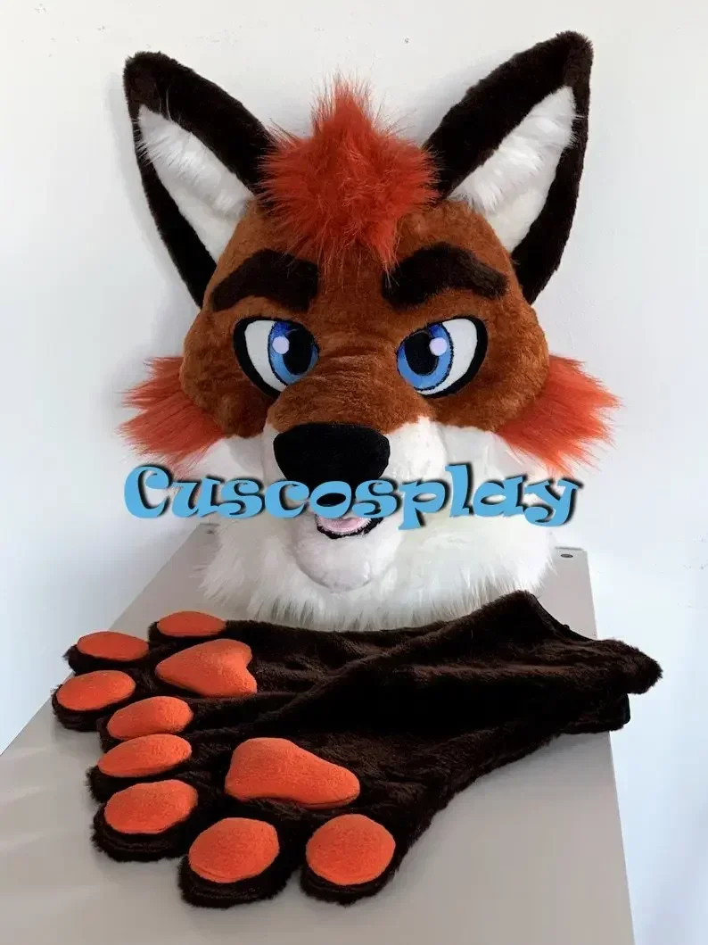 Orange Black Fur Fox Dog Husky Mascot Head and Hand Costume Furry Suit Fursuit Halloween Christmas Birthday Party Gift