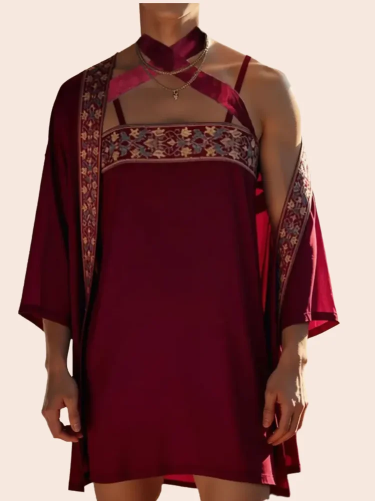 

sexy porno lingerie Men's Hanfu printing Two piece sling jacket set coat Couple crotchless Uniform nightgown Erotic costume 186+