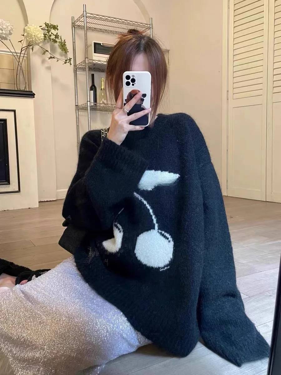 Fashion Top Winter Pullovers Grey Sweet Cherry Korea Knit Jumper Women Warm Sweater Women Loose Vintage Knit Autumn and w1144