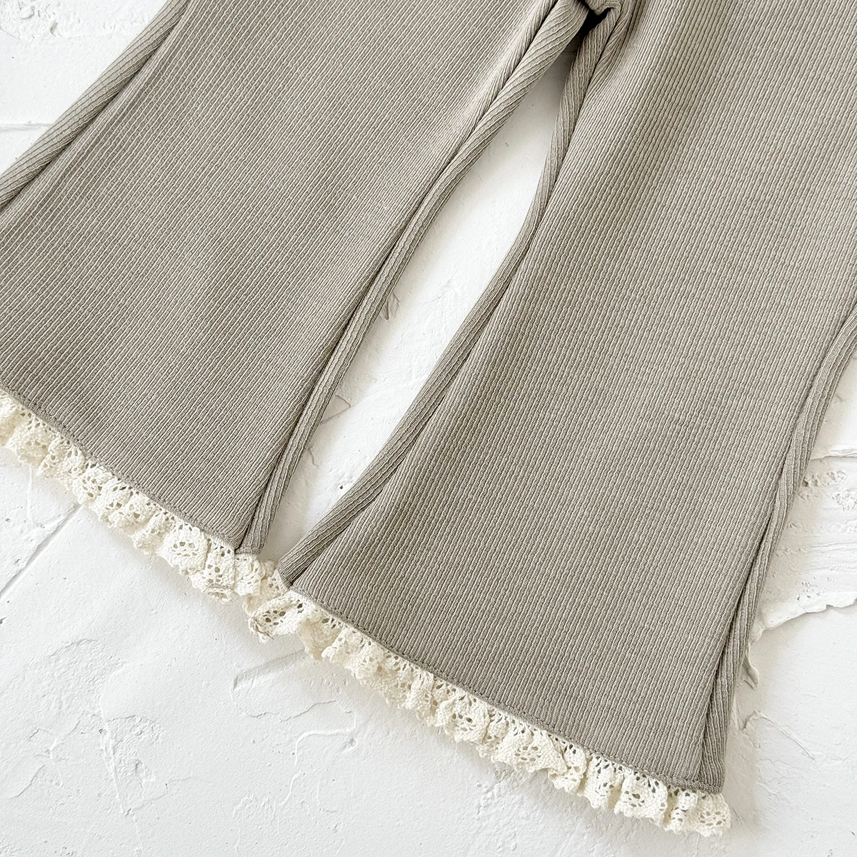 Boho Vintage Style 1-3 Years Toddler Girl 2Pcs Set Khaki Ribbed Sweatshirt + Pant Floral Collar Lace Trim Casual Outfit view 5