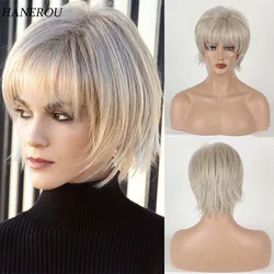 Synthetic Hair Blonde Wig with Bangs Natural Short Wig for White Woman High Temperature Blond Ombre Mommy Wig for Daily