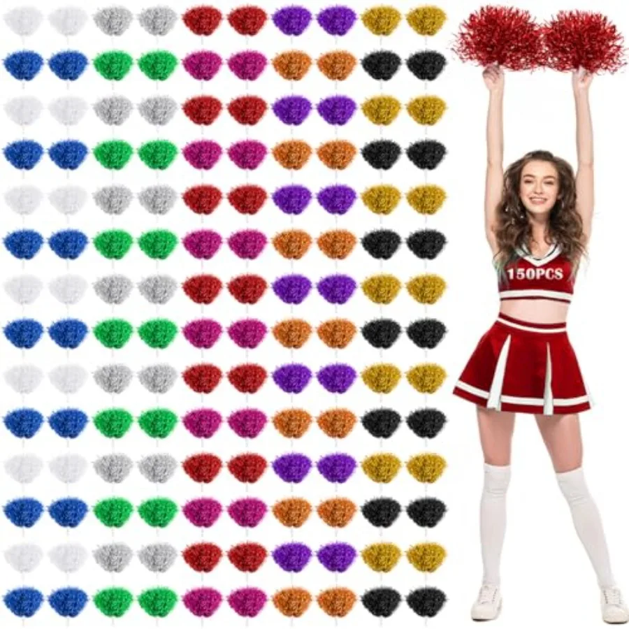 

150 Pcs Cheerleading Pom Poms Bulk Metallic Foil Cheerleader Pom Poms with Baton Handle Plastic Cheer Pompom Cheering Hand Flow