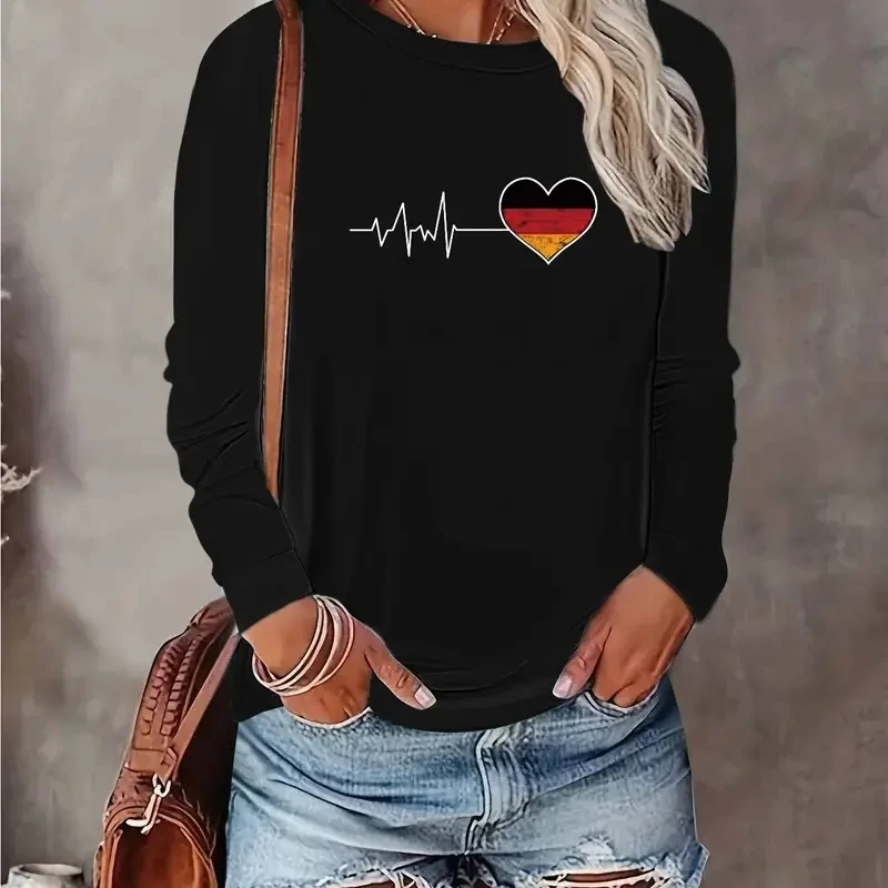 Women's newTT-shirt Autumn Long Sleeve Fashion Print Color Block Round Neck Base Shirt Top
