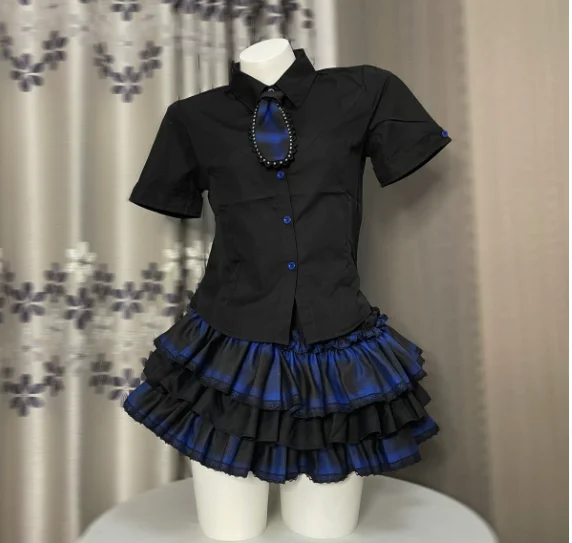 Subculture Japanese College Black Blue Plaid Elastic Waist Sexy Skirt Fashion Slim Versatile Short Sleeve Turn-down Collar Shirt