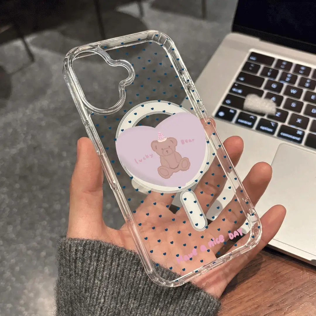 

Korean Blue Love Bear Magnetic ShellPhone Case For iPhone 17AIR 16E 15 14 13 12 11 Pro XS Max Advanced Drop-proof Cover