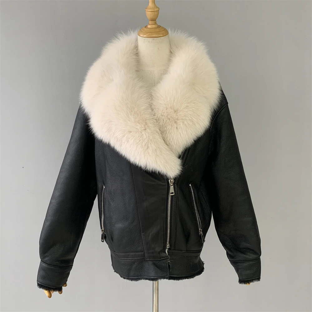 Jaxmonoy-Casaco de shearling real feminino com gola de pele de raposa, casacos quentes de couro genuíno, moda feminina, inverno, novo