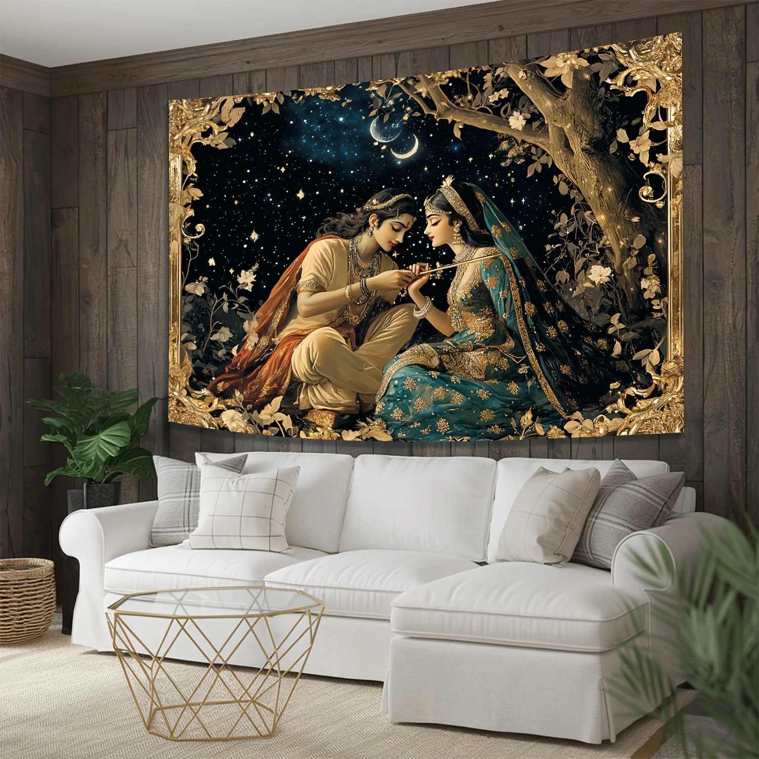 Beautiful Lord Krishna and Goddess Radha Backdrop - Elegant Hindu Deity Wall Hanging with Floral Patterns, Golden Accents & Moon