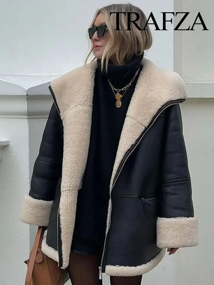 New 2023 Women Fashion Winter Coats Plus Veet Trend Lapel Fur Integrated Jacket Woman Pockets Vintage Outerwear Female Coat