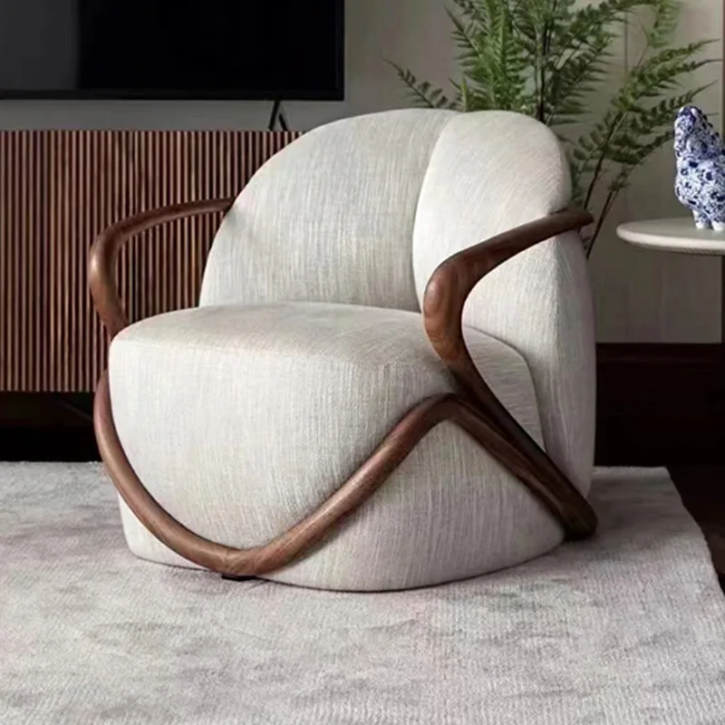 

Italian casual lazy fabric chair living room reception walnut solid wood hug designer single armrest sofa chair
