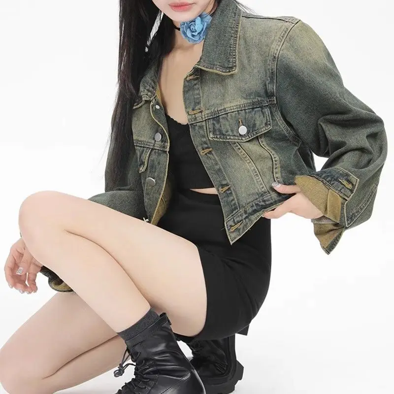 Blouse Jacket Women's Spring/Autumn Hong Kong Style Retro Denim Cropped Relaxed Fit Comfortable Minimalist Casual Fashionable