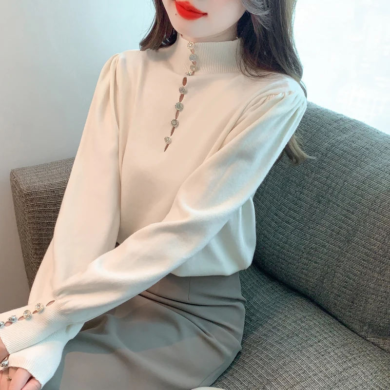 2023 New Half Height Round Neck Design Feel Knitted Autumn/Winter New Pullover Bubble Sleeve Top Sweater for Women