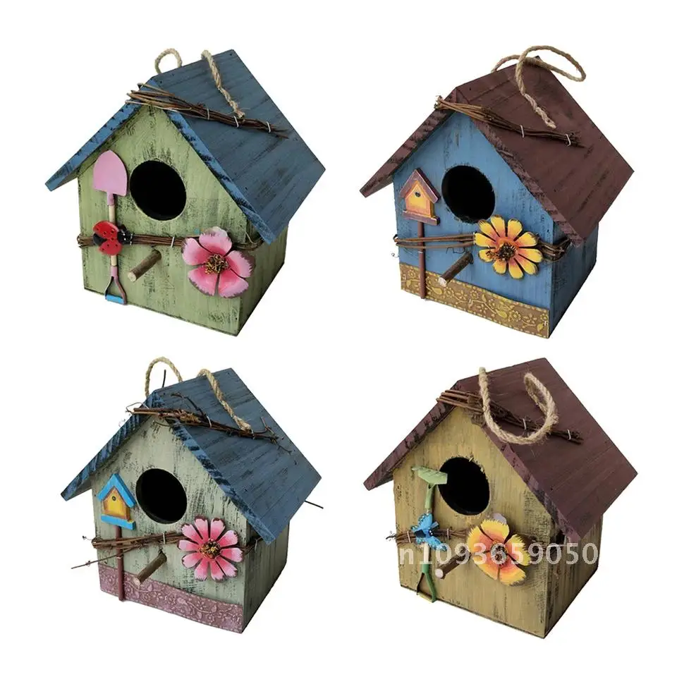 

Hand-paint Decor Bird House Nest Decorative Wooden Hanging Birdhouses Garden