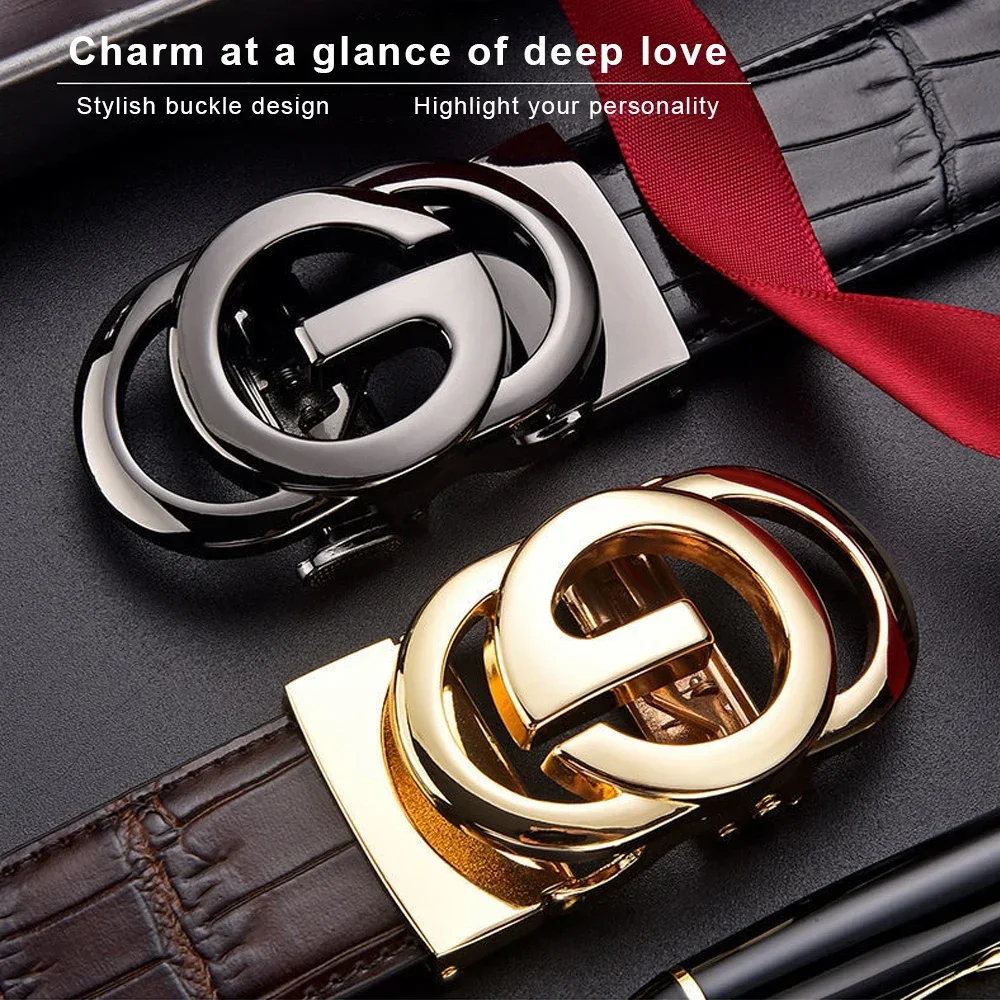 Mens Leather Belt New Automatic Alloy Click Metal G Buckle Genuine Leather Belt for Women Brand Luxury Design Waist