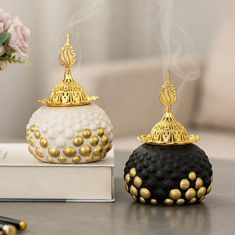 

Ceramic Ball Incense Burner, Metal Temple Top, Middle East, Arabic, Home, Desktop, Living Room, Decoration