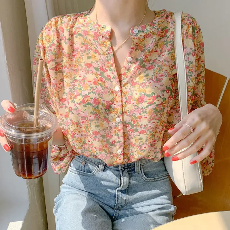 Shirts Women Floral Printed Leisure Loose Elegant Chiffon Tops Blouses Trendy All-match Temperament Korean Style Popular Retro