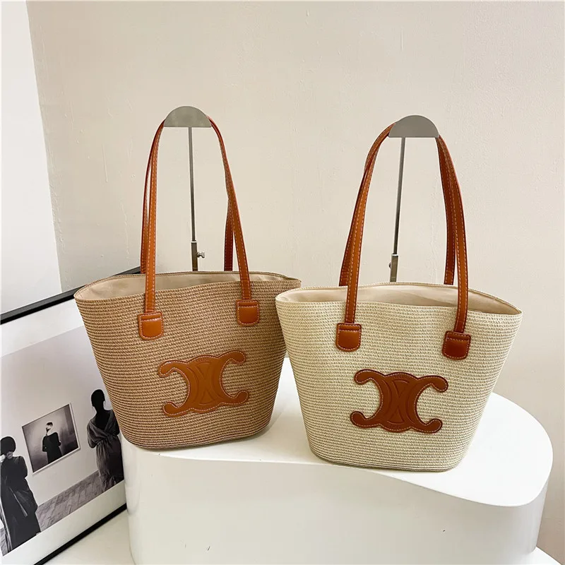 

2026 New Woven Straw Tote Bag, Elegant Market Basket & Bucket Shoulder Bag for Women, Beach Summer Boho Purse, Natural