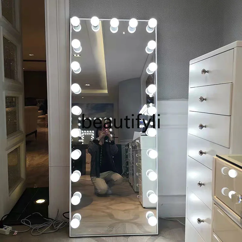 Full body floor mirror dimming light luxury square white paint art vanity mirror