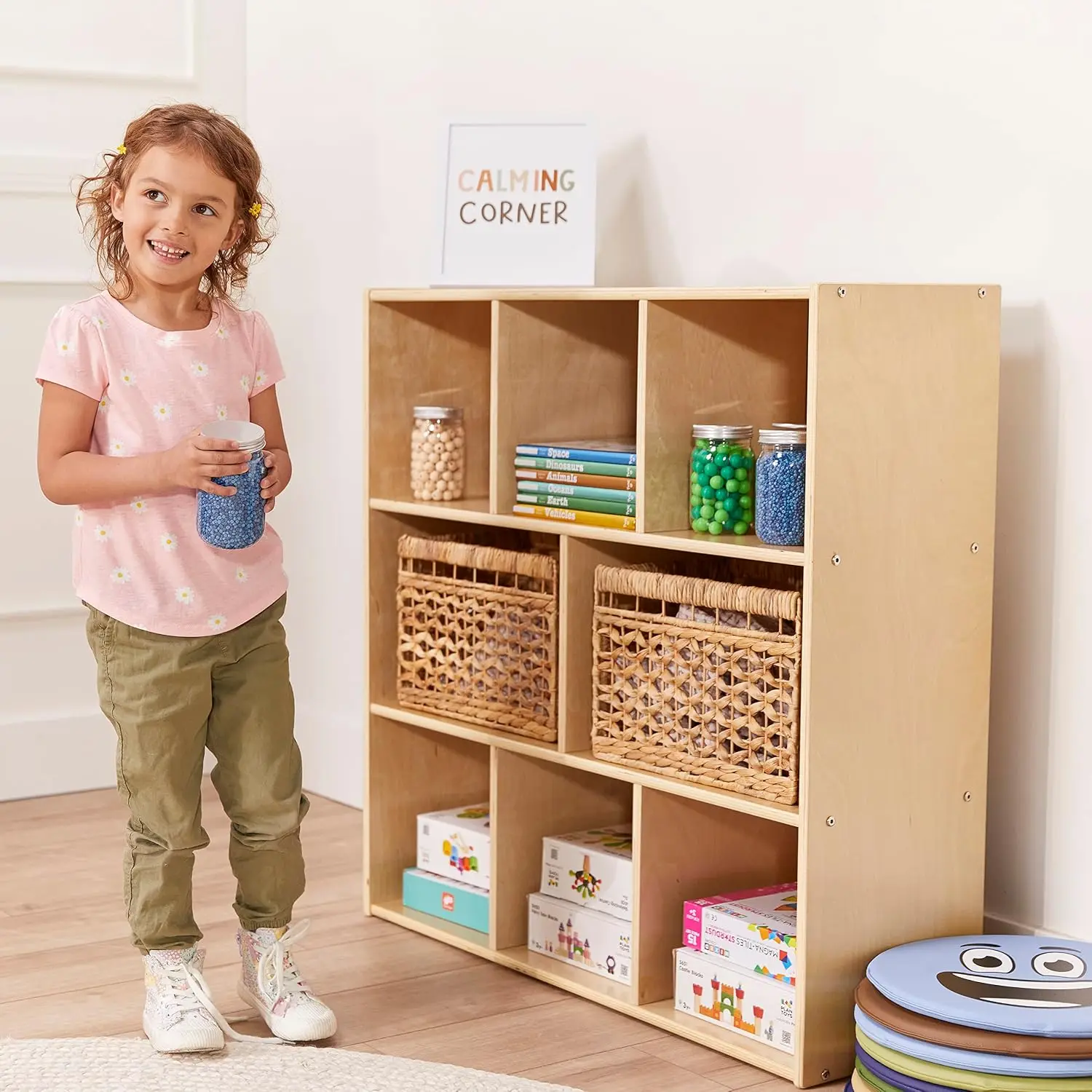 8-Compartment Storage Cabinet, 36in Classroom Furniture, Natural, Customized