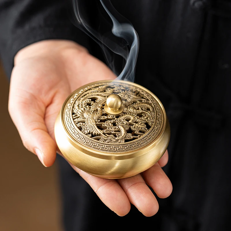 Retro Copper Double Fish Pattern Incense Holder Brass Censer Oriental Zen Craft Decor for Home Living Room Tea Room