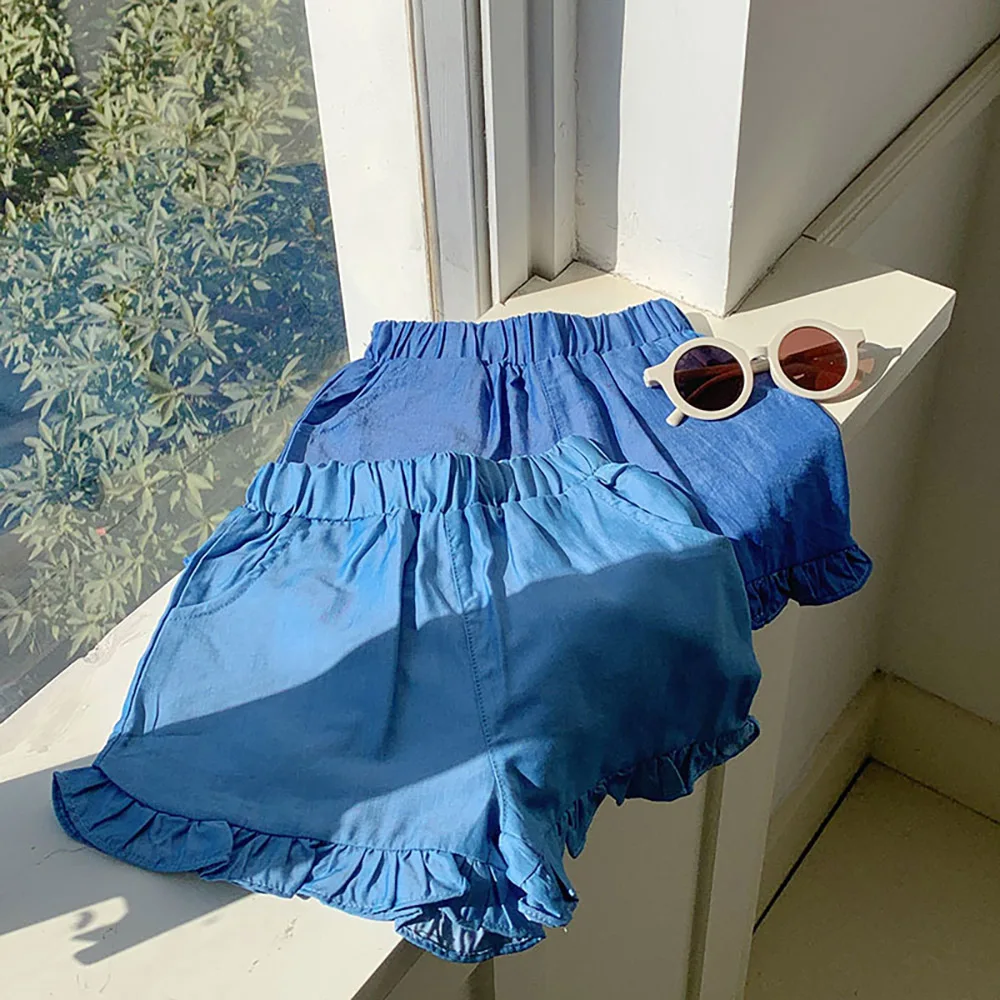 الفتيات طفل الصيف رقيقة الدنيم السراويل 2025 الكشكشة مرونة الخصر سراويل قصيرة غير رسمية الاطفال الأزرق السراويل الساخنة ملابس الأطفال السراويل #3