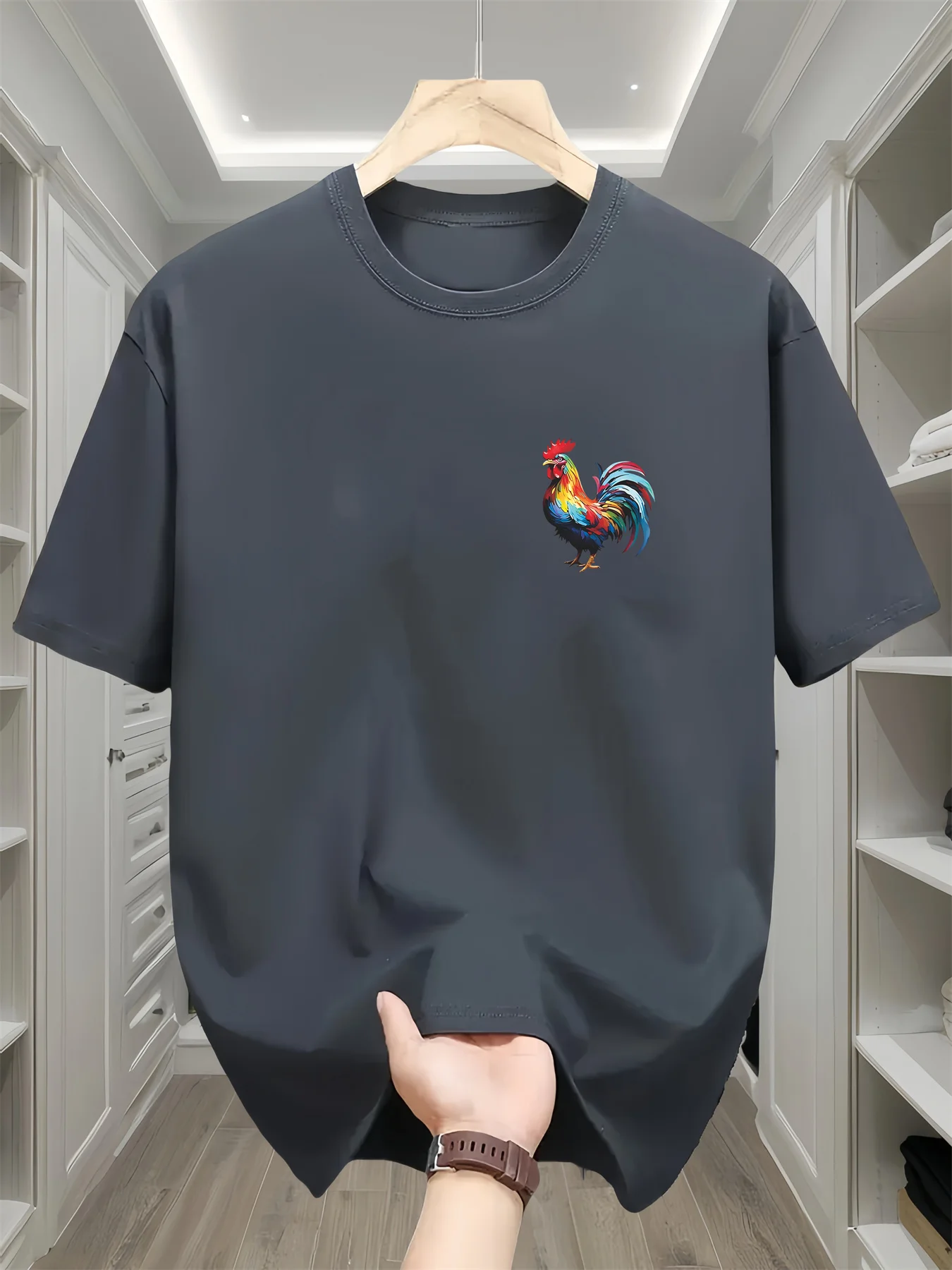 Men's Summer 100% Pure Cotton Fashionable Casual Loose Sports Bright Rooster Print Round Neck Short Sleeved T-Shirt Top