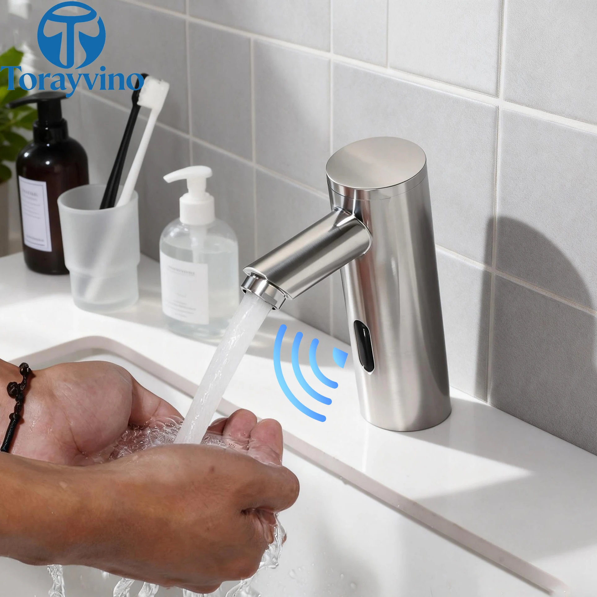 

Torayvino Bathroom Sink Faucet Automatic Inductive Brushed Nickel Single Handle Faucet Control Temperature Mixer Deck Mounted