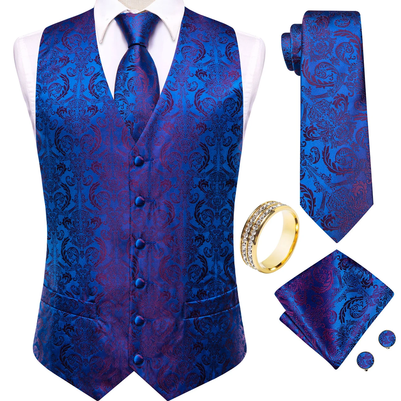 Royal Blue Purple Paisley V-Neck Vest 5Pcs Set Tie Pocket Square Cufflinks Ring For Evening Wedding Banquet