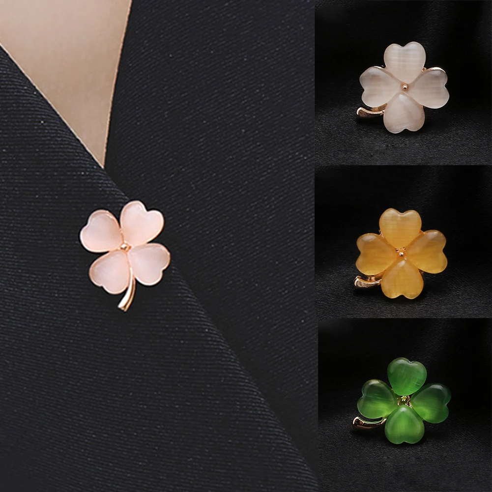 Fashion Four Leaf Clover Brooches For Women Metal Anti-glare Lapel Pin Fixed Clothes Pins Sweater Coat Clothing Accessories