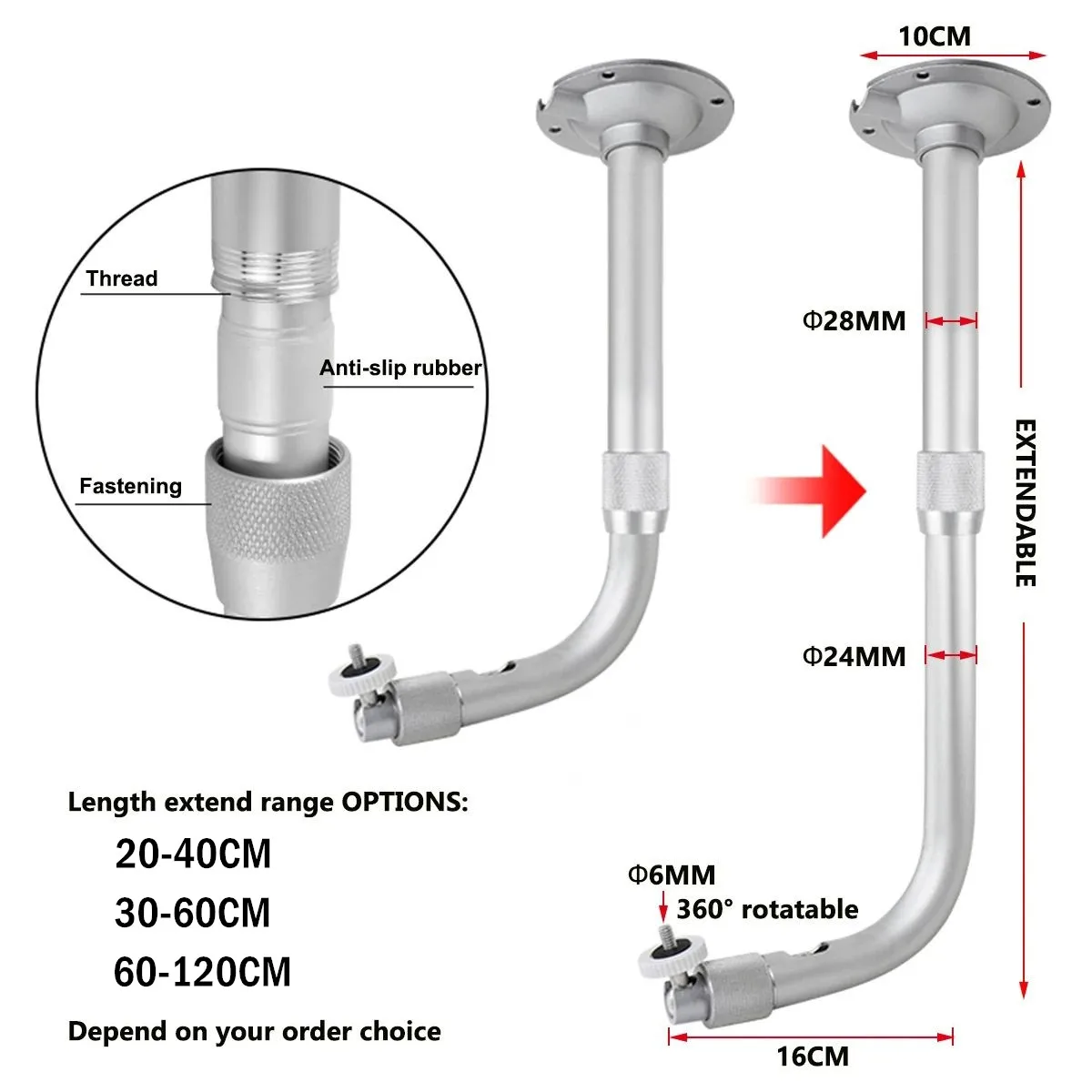 Aluminum Alloy L Type CCTV Camera Mount Bracket Telescopic Extension Pole for Dome Bullet Security Camera Wall Ceiling Stand
