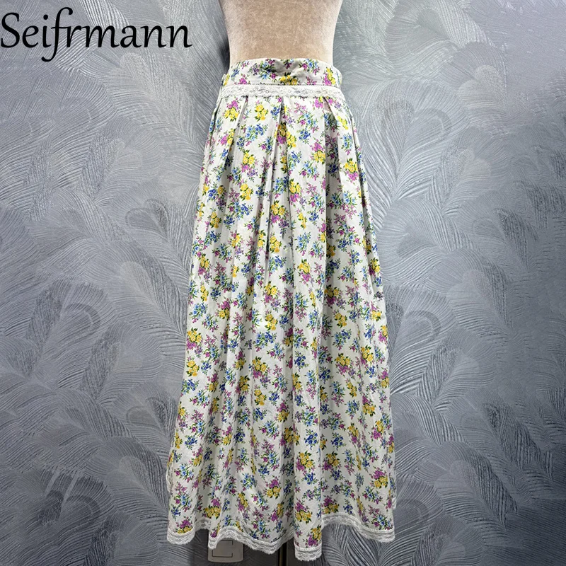 

Seifrmann 2026 Summer Women's clothing New Fashionable Cotton Printed Splicing Lace trim Long Half Skirt