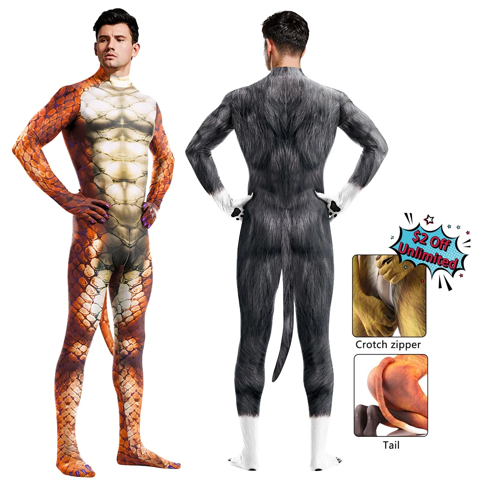 Zawaland Halloween Cosplay Kostüm Erwachsene Spandex Huskies Druck Petsuit Tier Zentai mit schwanz Stretch Volle Körper Tier Kostüm