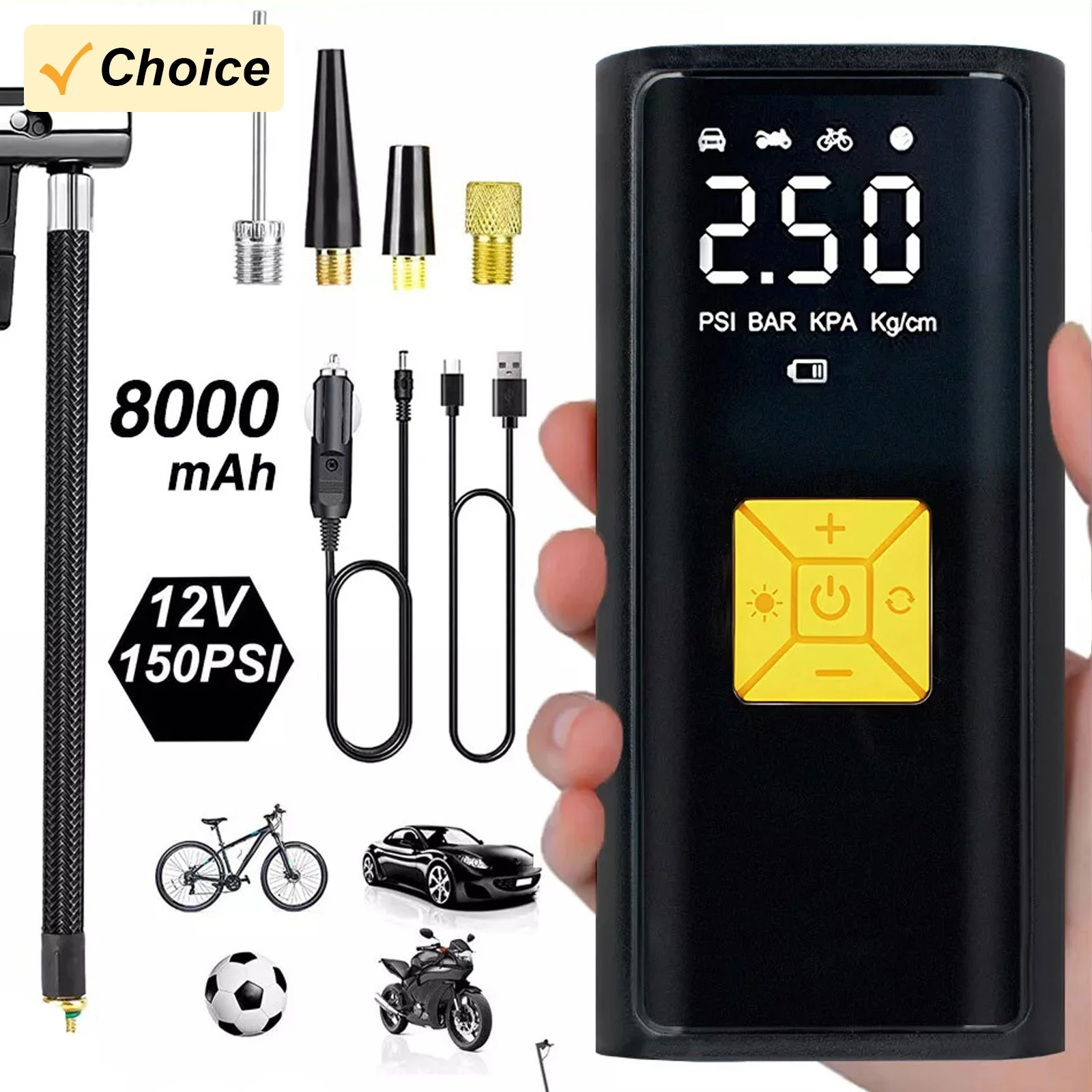 8000mAh Digital Tire Inflatable Locomotive Car Portable Air Compressor Pump for Auto Car Motorcycle Bicycle Inflatable