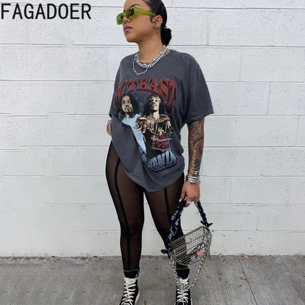 FAGADOER Y2k Baddie Print Street Two Piece Outfits Women Oversized Long Tshirt and See Through Leggings Suits Female Streetwear