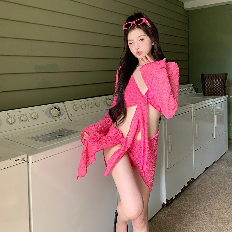 Sexy Rose Red Swimwear Thong Bikini 2024 Women 4 Pieces Swimsuits with Skirt Long Sleeve Cover Ups Beachwear Bathing Suit Korean