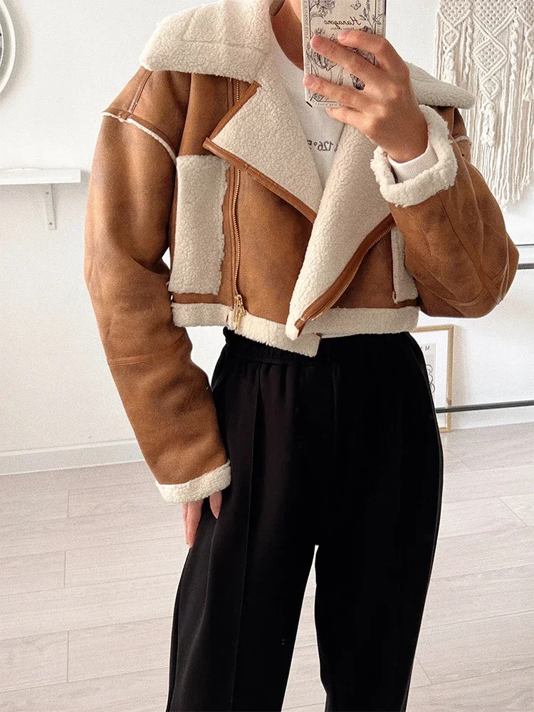 Winter New Women Lapel Loose Short Coat 2023 Ladies Thick Coat High Street Warm Splicing Women Chic Coat