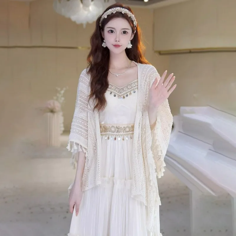 

Summer New Two Piece Sets Womens Outifits Korean Fashion Ethnic Style Niche Hollow Shawl and Strap Dress Set
