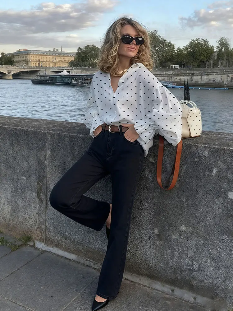 Nuove camicie da donna oversize con polsino a balze a pois neri retrò camicetta elegante primavera autunno coreano popolare top abbigliamento femminile