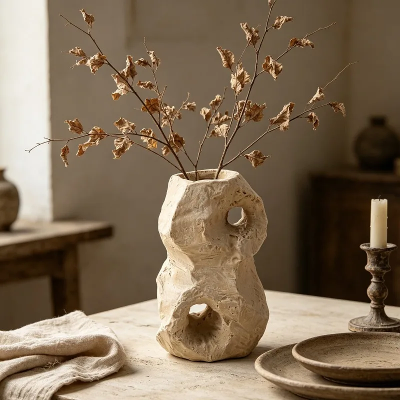 Vase Imitation Yellow Hole Stone Creative Art Flower Container Niche Design Ornament For Living Room Home Desktop Decor
