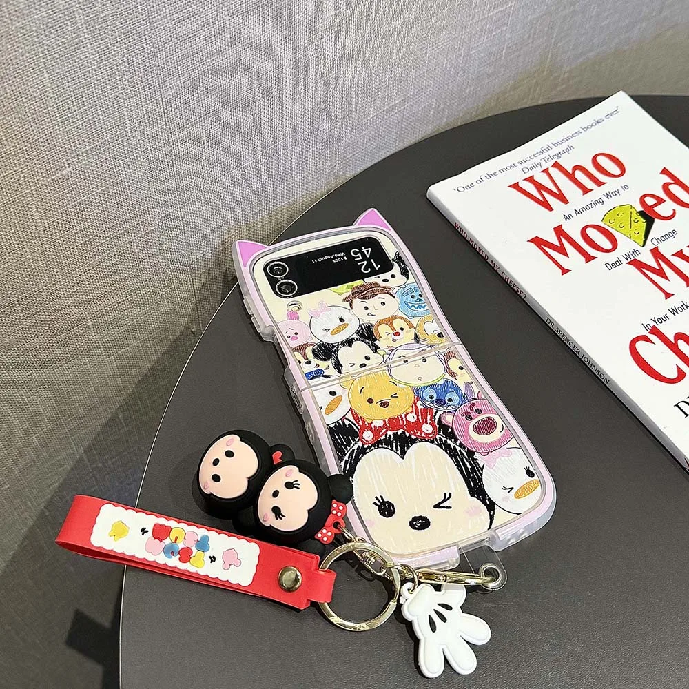 Cute Mickey Winnie the Pooh 3D Cat Ear With keychain Phone Case for Samsung Galaxy Z Flip 3 4 5 6 5G PC Hard Back Cover Funda