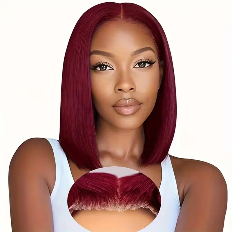 

Прямые 13x4 прозрачные кружевные фронтальные парики Remy, человеческие волосы 99J, винно-красный, бордовый, тупая стрижка, короткий боб, длина 10, 12, 14, 16 дюймов
