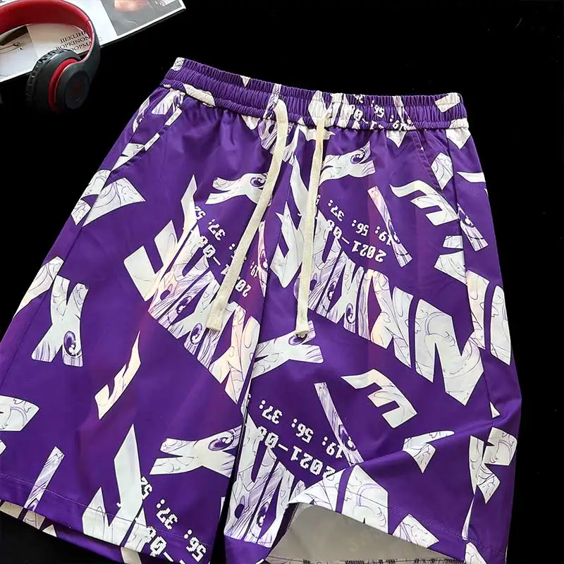 Fashion Trend Summer Thin Style Printing Men\'s Elastic Waist Drawstring Pockets Casual Sports Loose Knee Length Beach Shorts