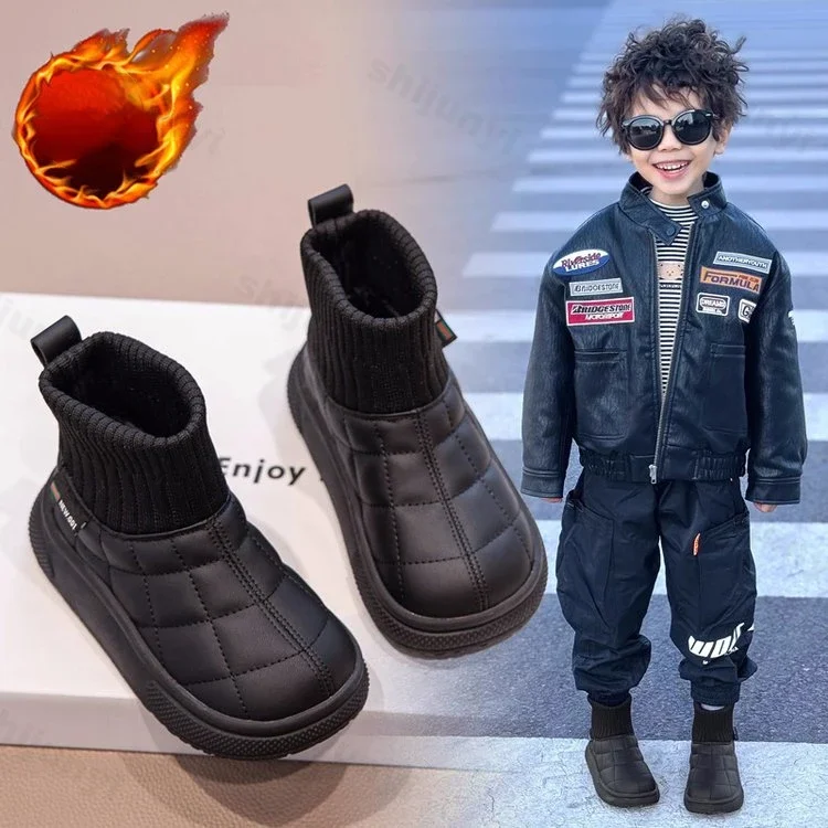 2024 New Solid Color Fashion Plaid Kids Casual Snow Boots Plush Winter Soft Baby Boys Girls Short Boots Children Cotton Shoes