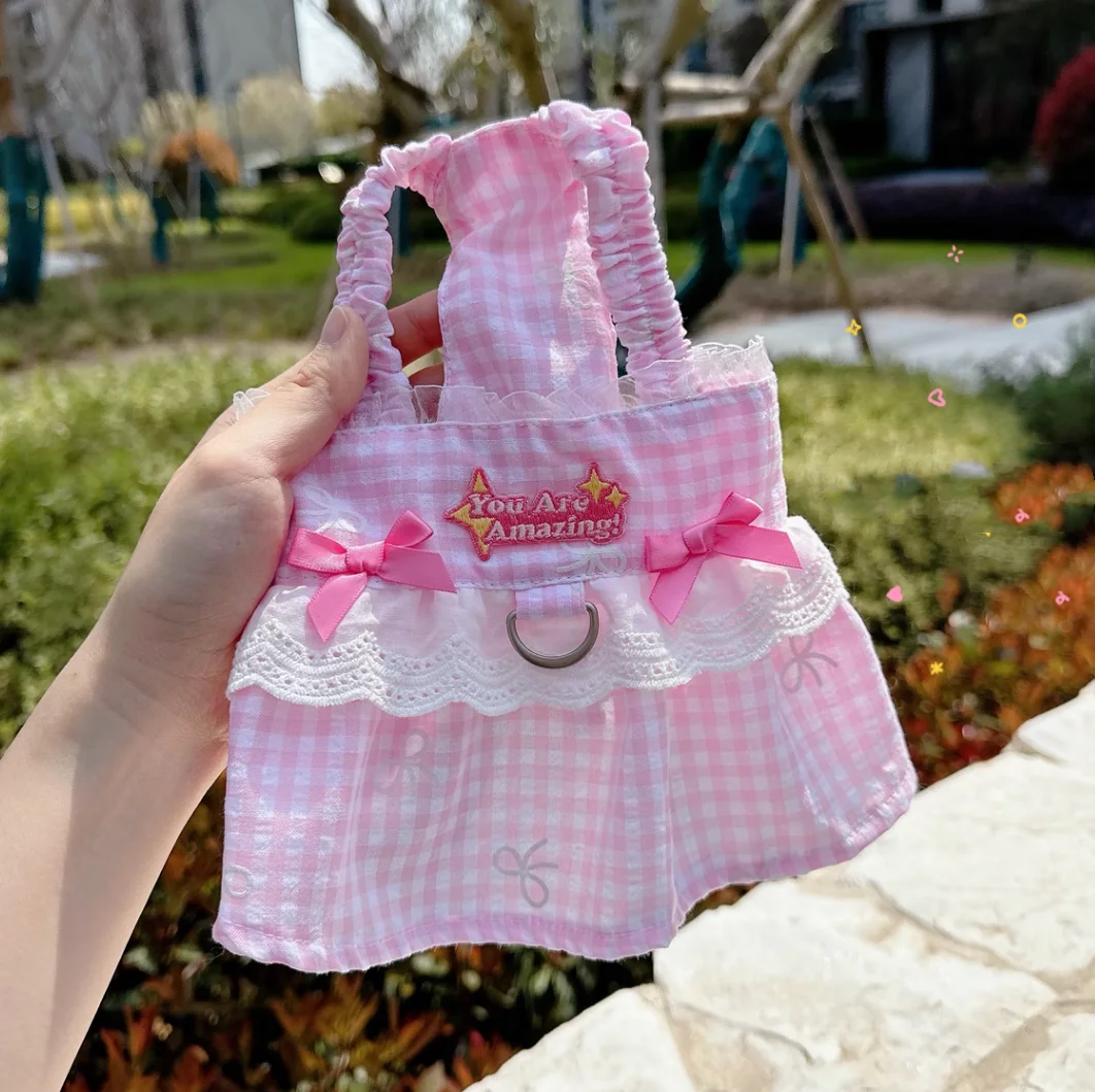 

Super Cute Pink Checkered Bow Pet Dress For Little Dogs Suspenders Vest